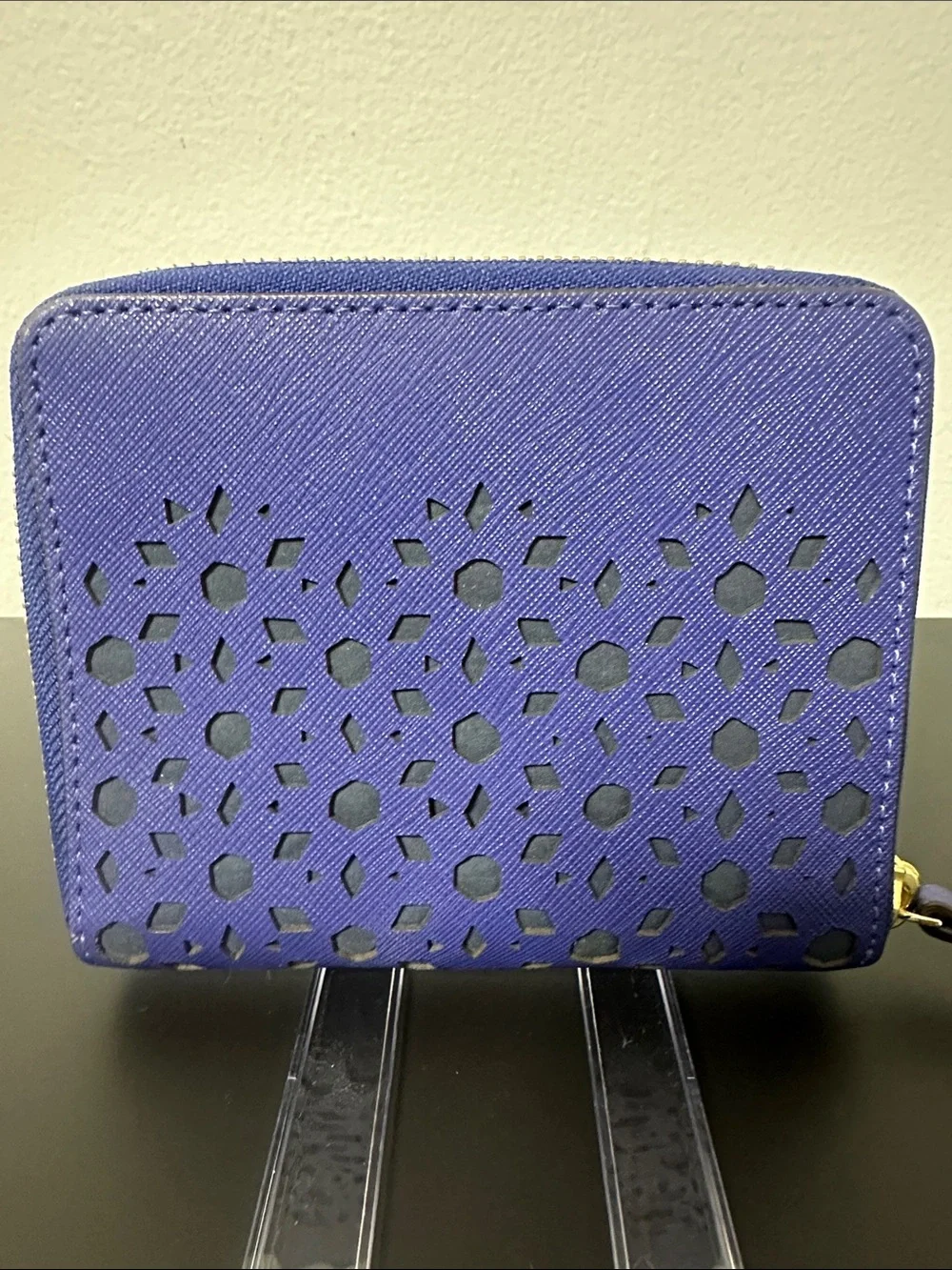 EUC kate spade cobalt blue laser-cut zip wallet with gold logo and Gold Zipper